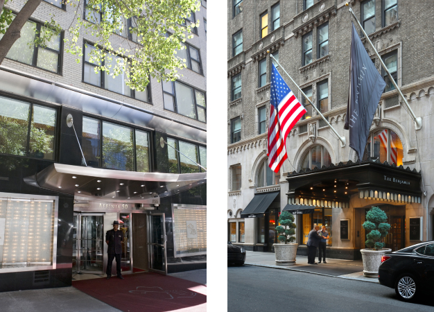 Two elegant hotel entrances with American flags.