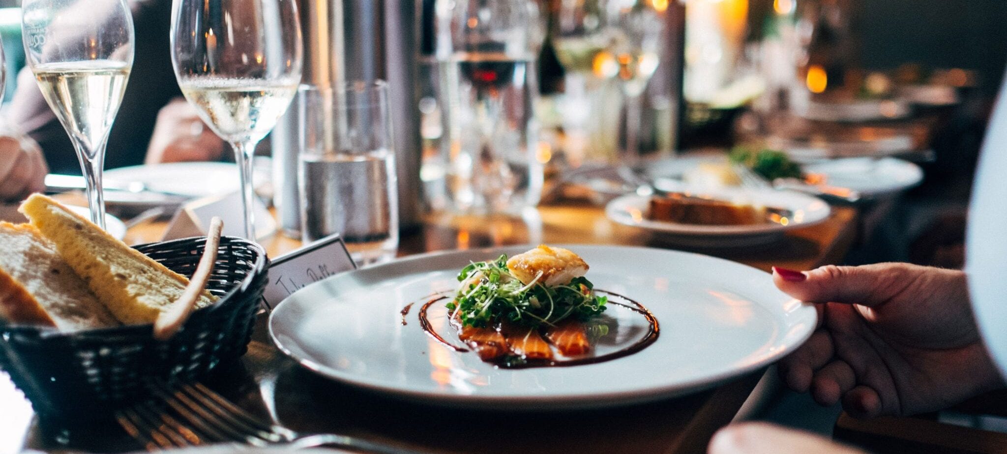 Gourmet plated dish with sauce, greens, and bread.