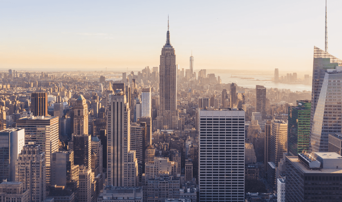 Aerial view of the New York City skyline with the Empire State Building.