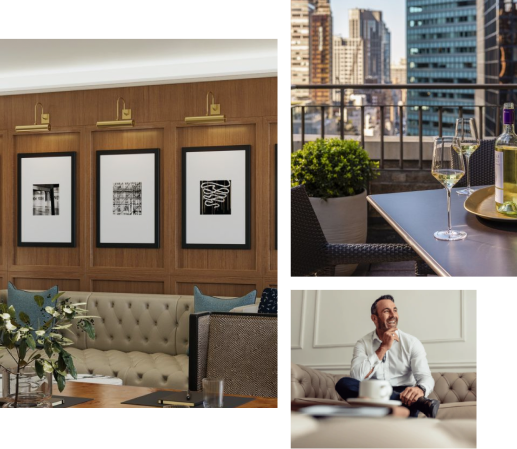 A collage image of interior and exterior of a New York hotel.