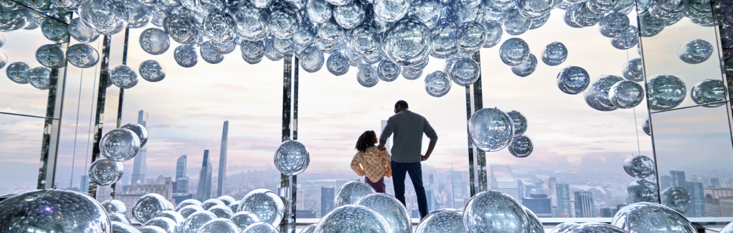 Parent and kid taking an aerial view of New York.