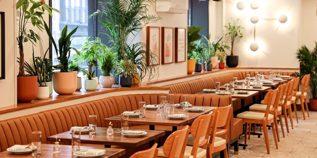 Modern restaurant interior with plants and wooden seating.