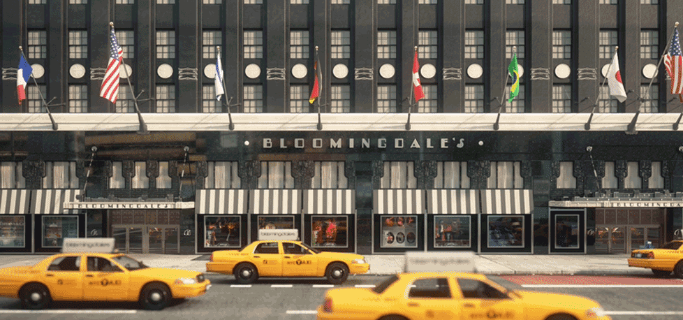 Bloomingdale's store entrance with yellow taxis.