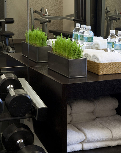 Well-equipped hotel gym with towels and water bottles.