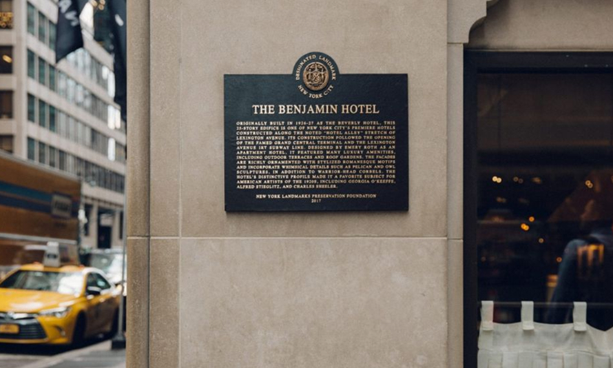 The Benjamin hotel plaque.